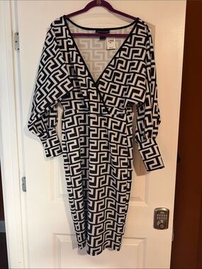 Ashley Stewart Black and White Geometric Midi Dress